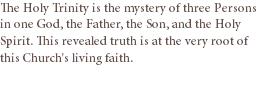 The Holy Trinity is the mystery of three Persons in one God, the Father, the Son, and the Holy Spirit. This revealed truth is at the very root of this Church's living faith.